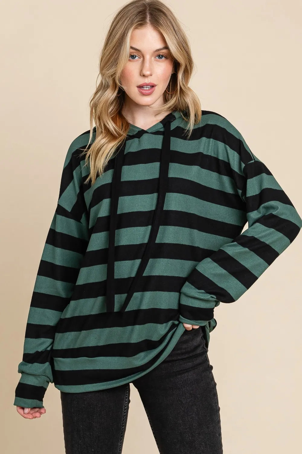 Image of BOMBOM Drawstring Striped Dropped Shoulder Hoodie | Queeble.shop