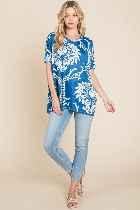 Image of BOMBOM Printed Relaxed V-Neck Tunic Top | Queeble.shop