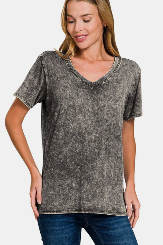 Image of Zenana Full Size Washed Short Sleeve V-Neck T-Shirt | Queeble.shop