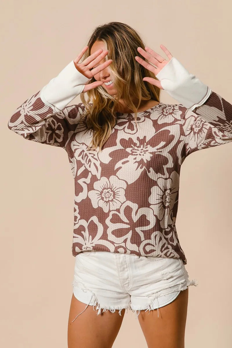 Image of BiBi Flower Printed Waffle Thumb Opening Top | Queeble.shop
