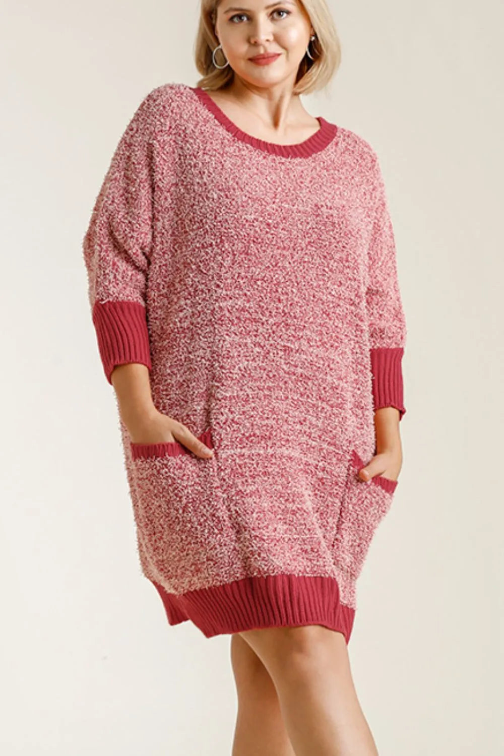 Image of Umgee Full Size Ribbed Hem Round Neck 3/4 Sleeve Sweater Dress with Pockets Plus Size | Queeble.shop