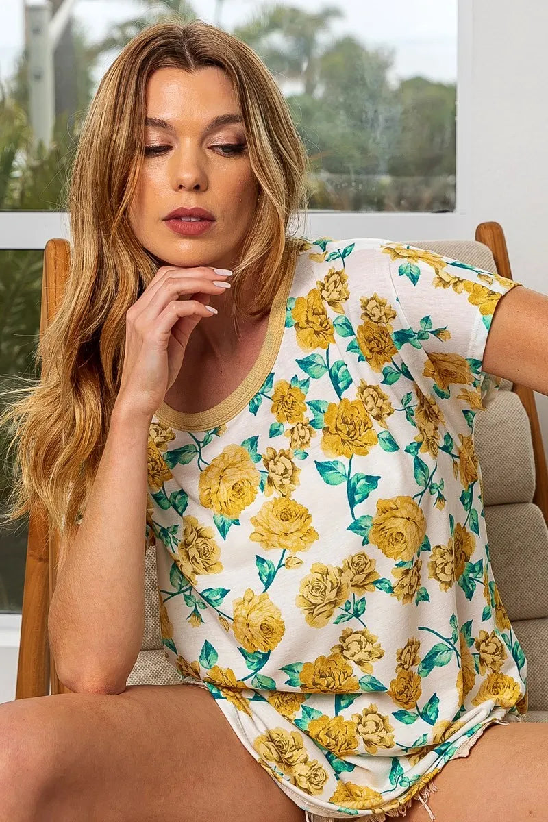 Image of BiBi Rose Print Thermal Neck Binding Dolman Sleeves Top | Queeble.shop