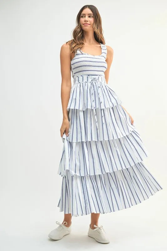 Image of MABLE Pin Stripe Smocked Bodice Layered Midi Dress | Queeble.shop