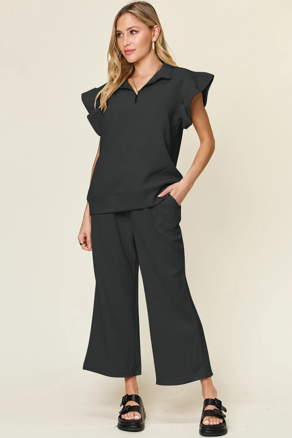Image of Double Take Texture Ruffle Short Sleeve Top and Drawstring Wide Leg Pants Set | Queeble.shop