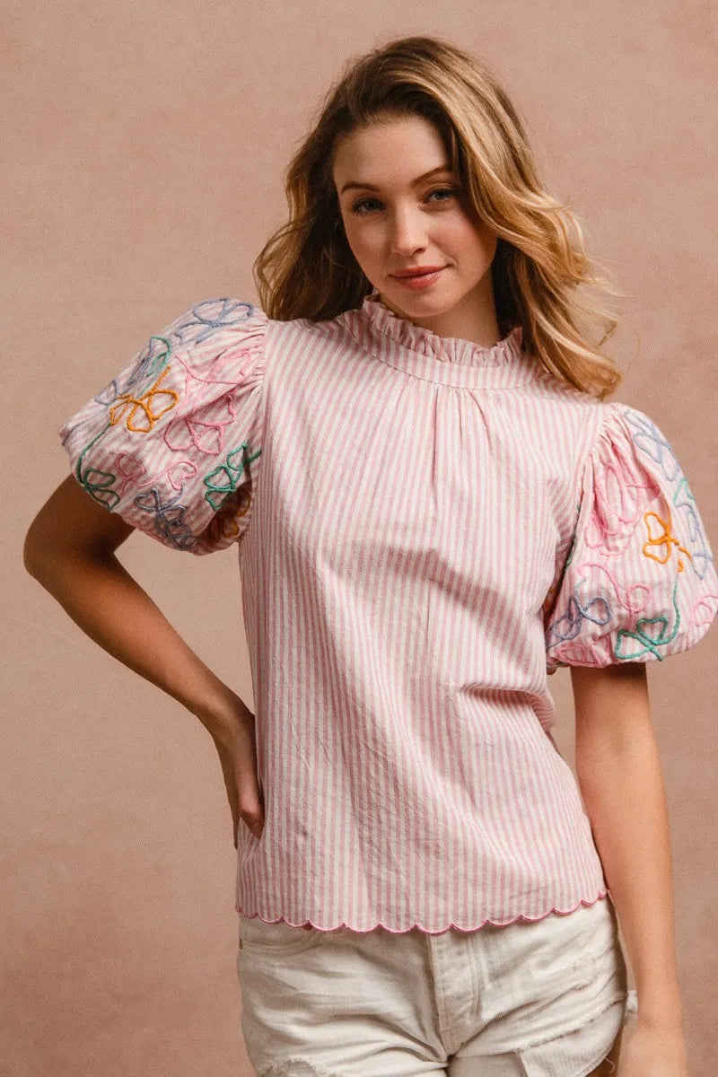 Image of BiBi Embroidery Bubble Sleeve Top With Bottom Scallop Detail | Queeble.shop