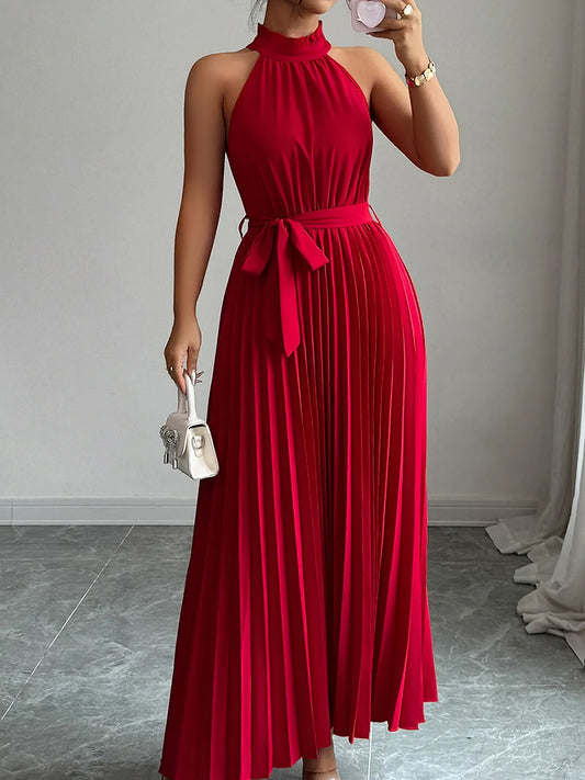 Image of Pleated Halter Neck Tie Waist Maxi Dress | Queeble.shop