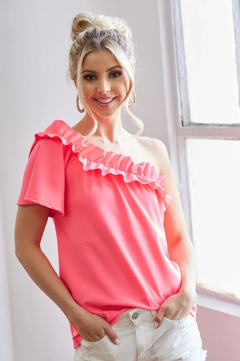 Image of BiBi Ruffled Asymmetrical Crepe One Shoulder Top | Queeble.shop