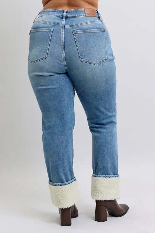 Image of Judy Blue Full Size High Waist Shearling Cuff Straight Plus Size | Queeble.shop