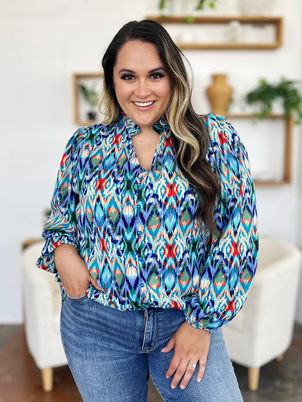 Image of Double Take Full Size Printed Balloon Sleeve Blouse | Queeble.shop