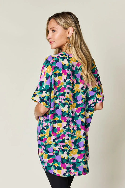 Image of Double Take Full Size Printed V-Neck Short Sleeve Side Slit Top | Queeble.shop