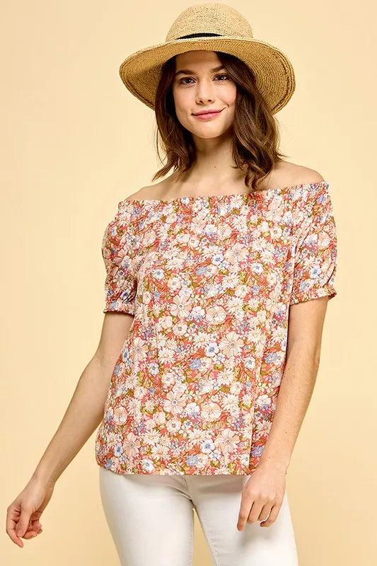 Image of Lime 'N' Chili Floral Print Short Sleeve Off-The-Shoulder Blouse | Queeble.shop