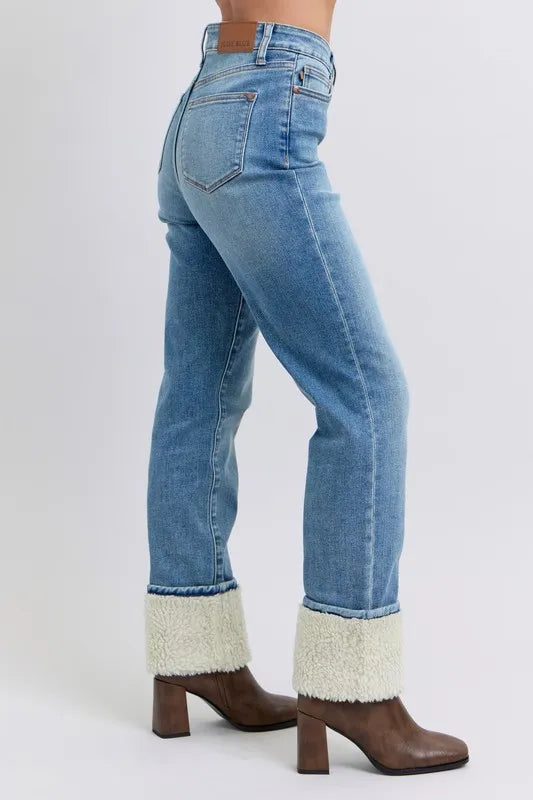 Image of Judy Blue Full Size High Waist Shearling Cuff Straight Plus Size | Queeble.shop