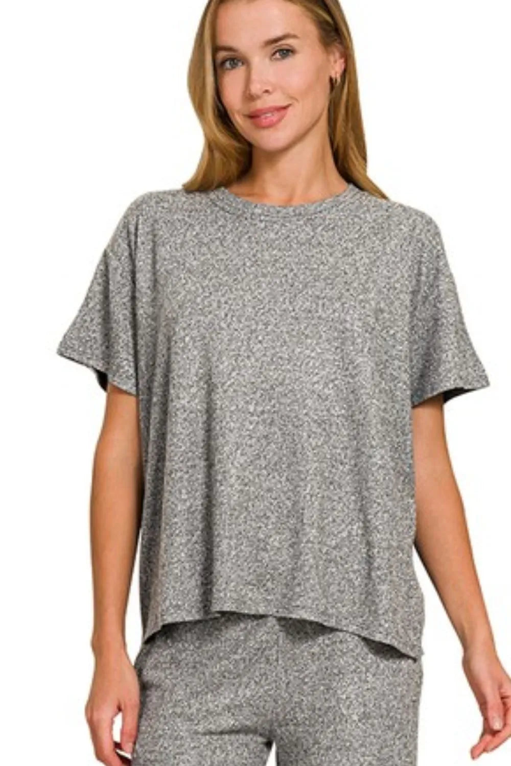 Image of Zenana Soft Melange Short Sleeve Tee & Long Pants Set | Queeble.shop
