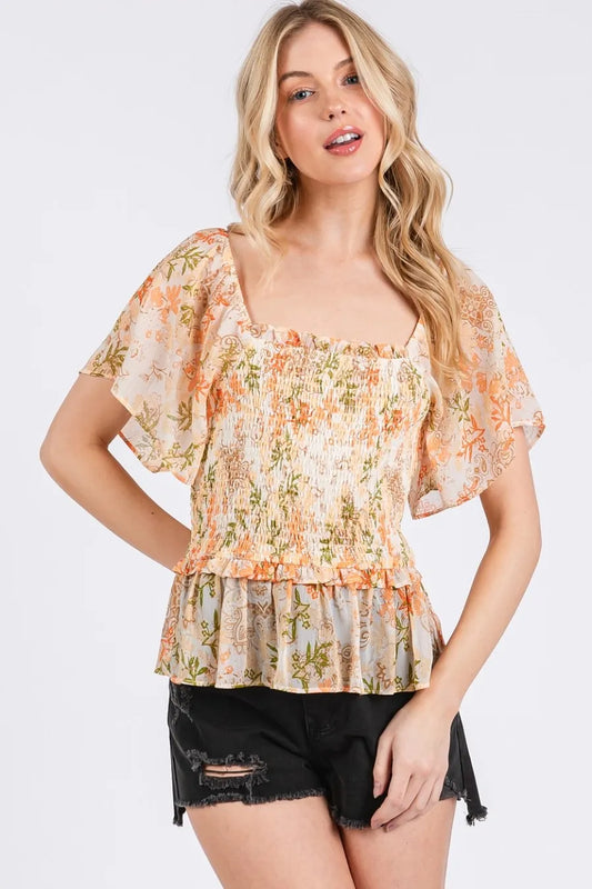 Image of Mittoshop Floral Chiffon Smocked Square Neck Peplum Top | Queeble.shop