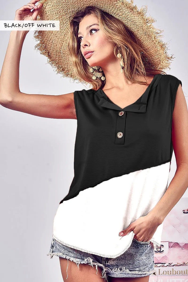 Image of BiBi Color Block Contrast Stitching Buttoned Henley Top | Queeble.shop