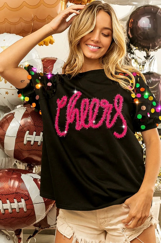 Image of BiBi Metallic Letter Spangle Raglan Puff Sleeve Top | Queeble.shop