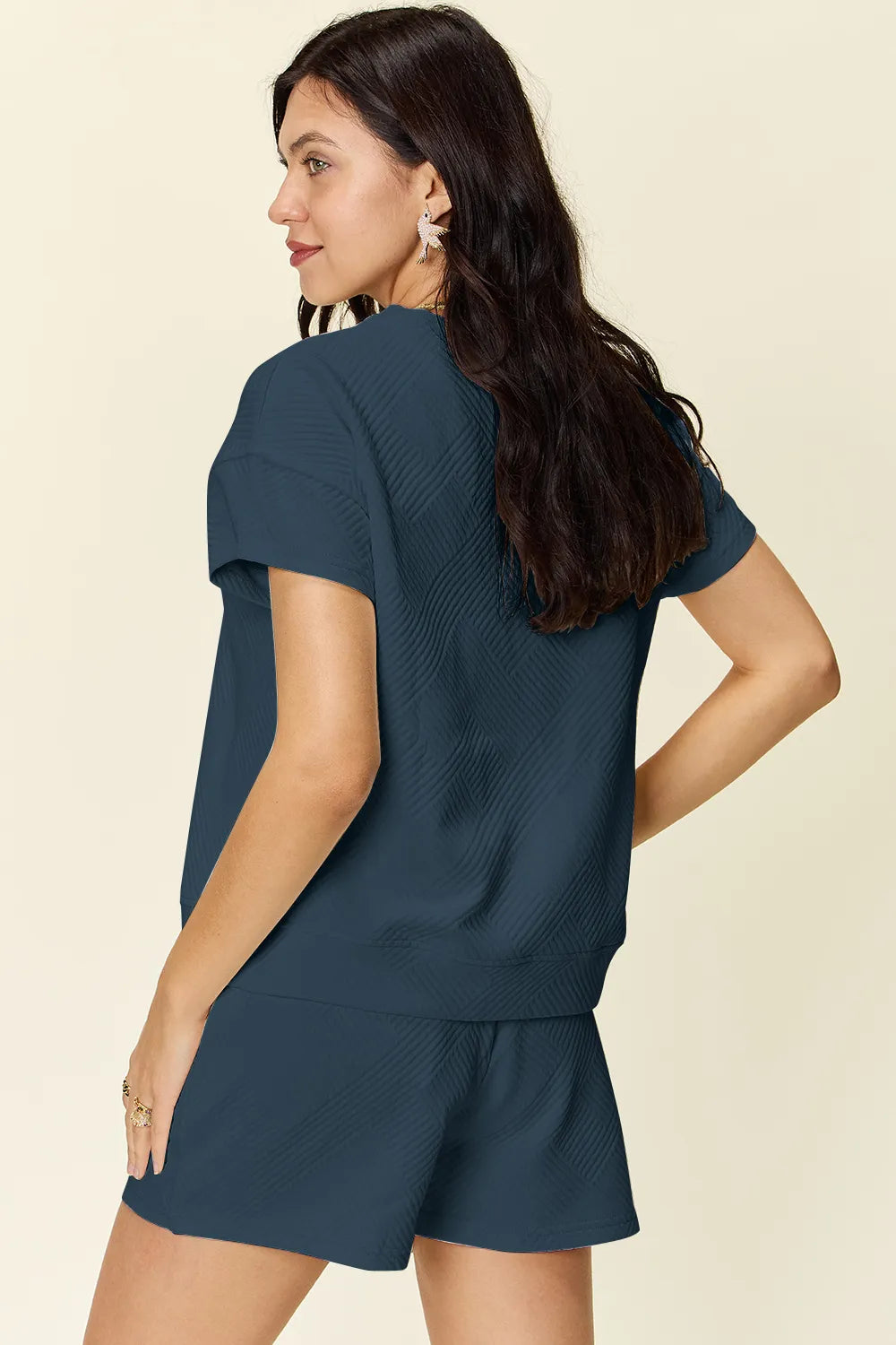 Image of Double Take Full Size Texture Short Sleeve T-Shirt and Drawstring Shorts Set | Queeble.shop