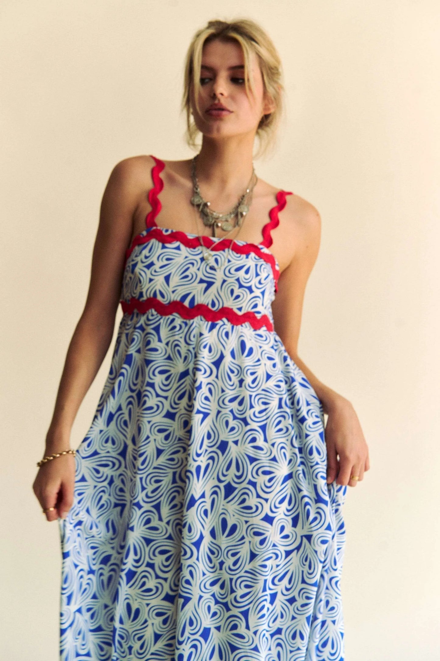Image of Davi & Dani Geo 2 Tone Printed Wavi Trim Tiered Maxi Dress | Queeble.shop