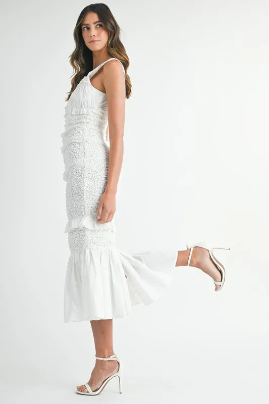 Image of MABLE Ruffled Popcorn Smocked Mermaid Midi Dress | Queeble.shop