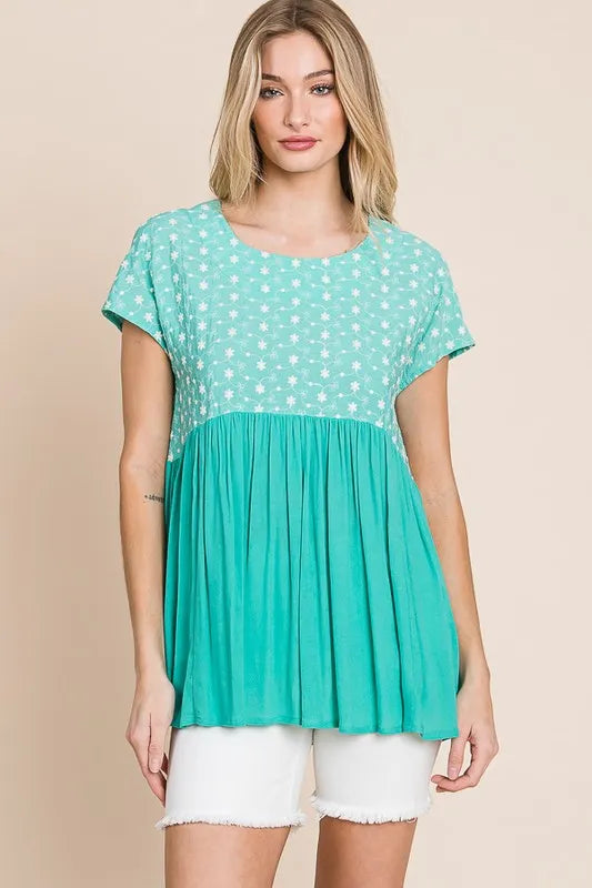 Image of Lime 'N' Chili Full Size Embroidered Short Sleeve Pleated Babydoll Top Plus Size | Queeble.shop