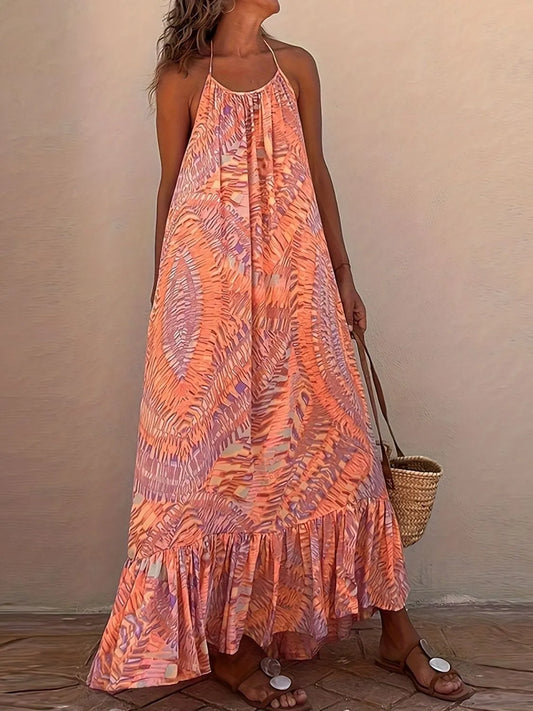 Image of Backless Printed Halter Neck Maxi Cami Dress | Queeble.shop