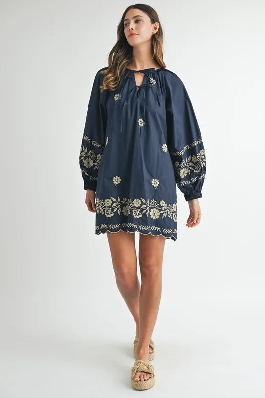 Image of MABLE Embroidered Long Sleeve Peasant Mini Dress | Queeble.shop