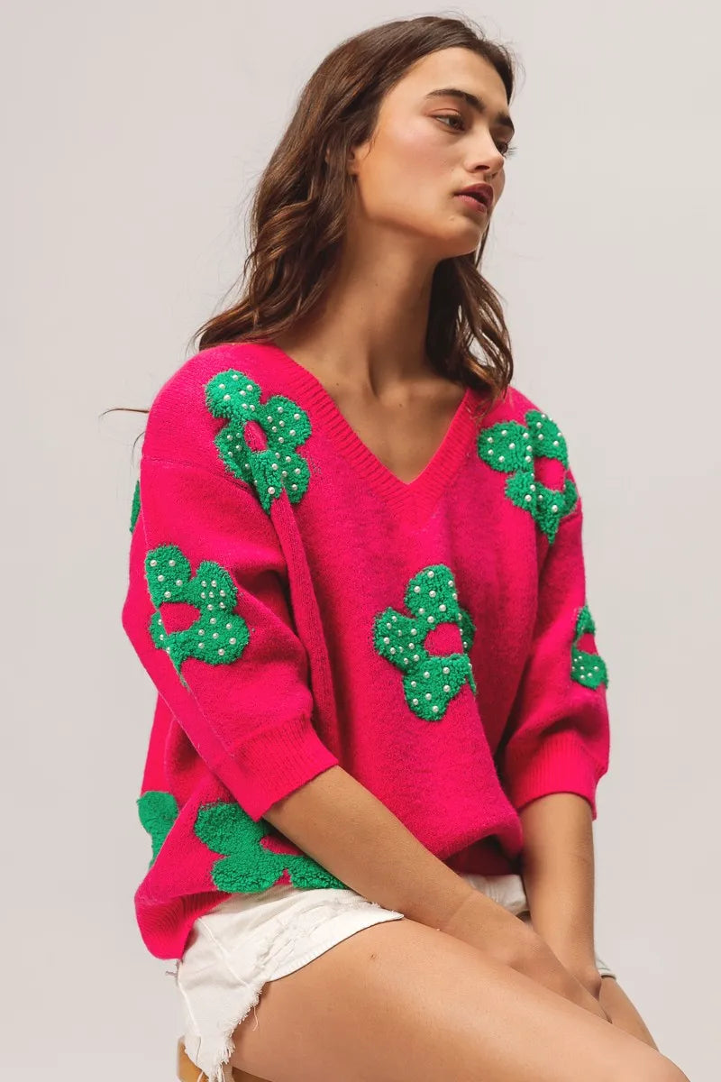 Image of BiBi Pearl Beads Flowers Sweater Top | Queeble.shop