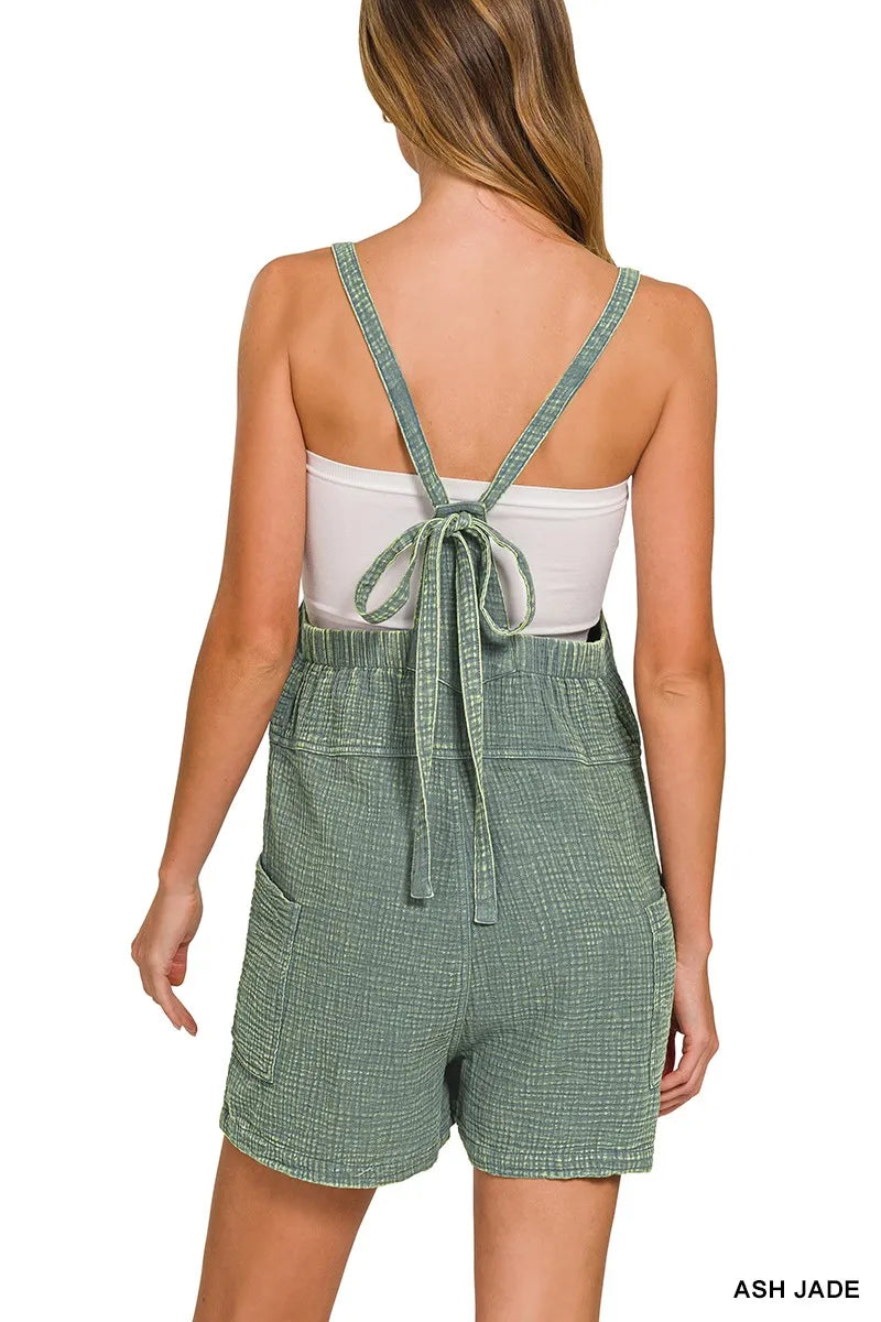 Image of Zenana Washed Double Gauze Tie Back Rompers | Queeble.shop