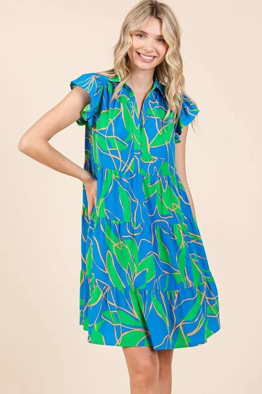 Image of Mittoshop Leaf Print Ruffle Sleeve Tiered Mini Dress | Queeble.shop