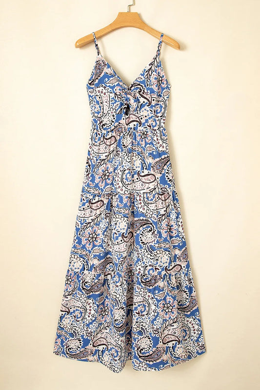 Image of Paisley Print Twist Detail Smocked Back Spaghetti Straps Dress | Queeble.shop