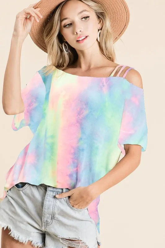 Image of BiBi Tie Dye French Terry Strapped One Shoulder Top | Queeble.shop