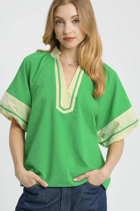 Image of Umgee Contrast Trim Notched Puff Sleeve Blouse | Queeble.shop