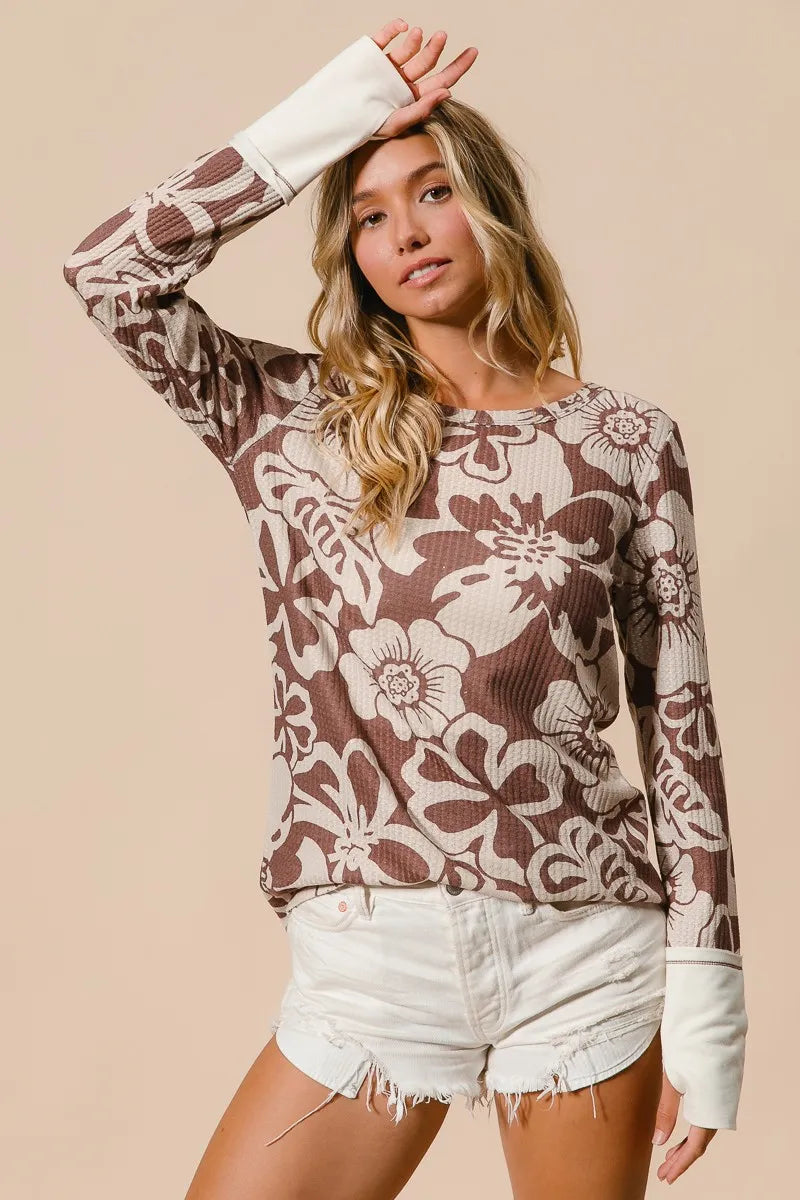 Image of BiBi Flower Printed Waffle Thumb Opening Top | Queeble.shop