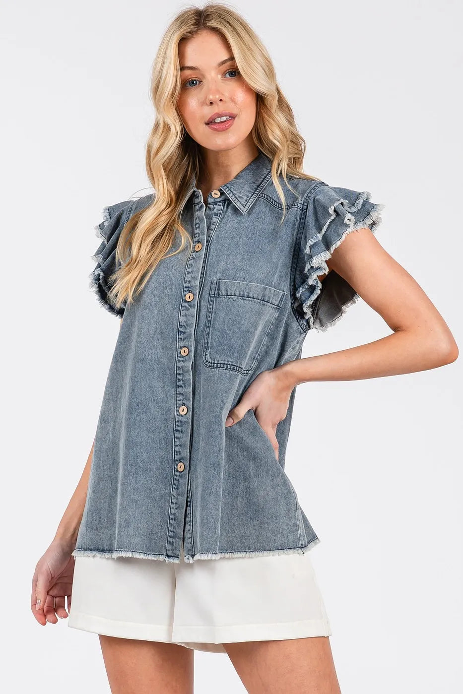 Image of Mittoshop Washed Denim Ruffle Short Sleeve Collared Shirt | Queeble.shop