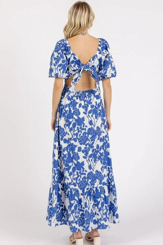 Image of Mittoshop Cutout Back Floral Sweetheart Neck Puff Sleeve Dress | Queeble.shop