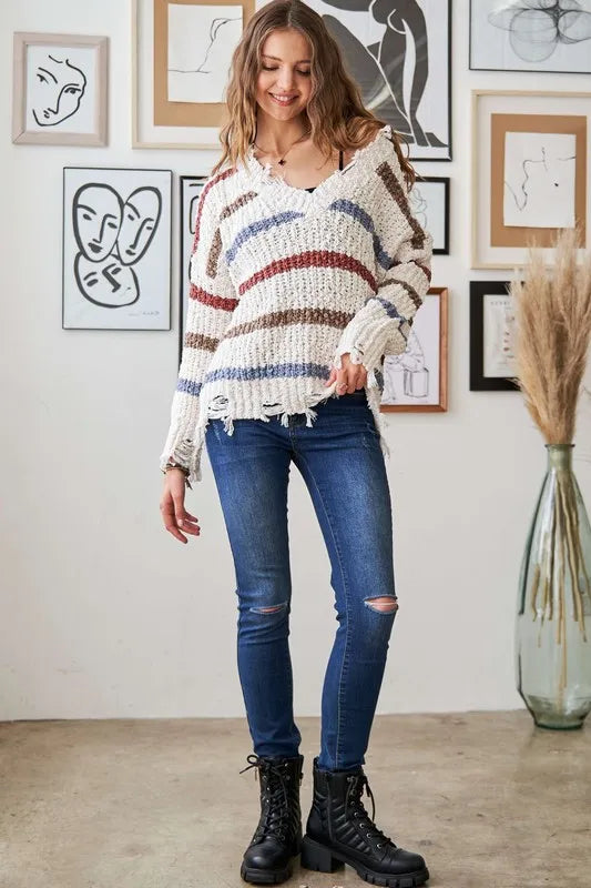 Image of ADORA Frayed Edge Stripe Sweater | Queeble.shop