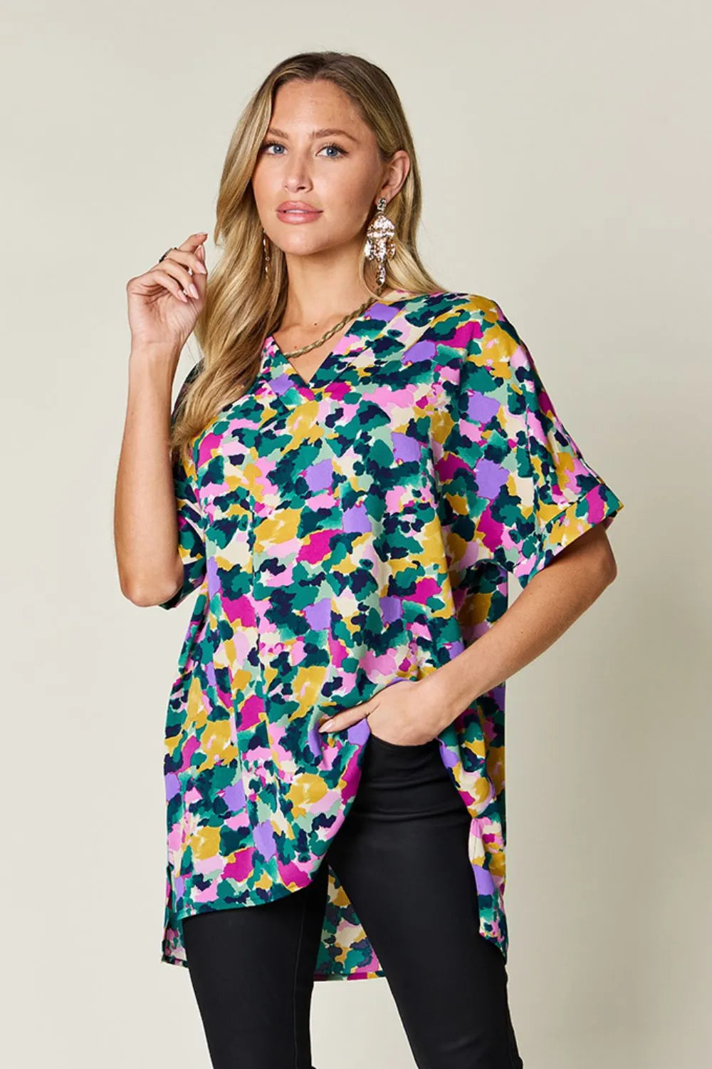 Image of Double Take Full Size Printed V-Neck Short Sleeve Side Slit Top | Queeble.shop