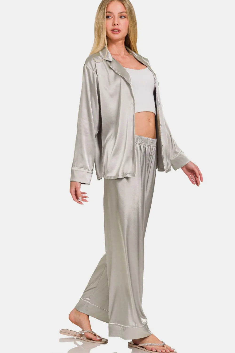 Image of Zenana Satin Long Sleeve Shirt and Pants Pajama Set | Queeble.shop