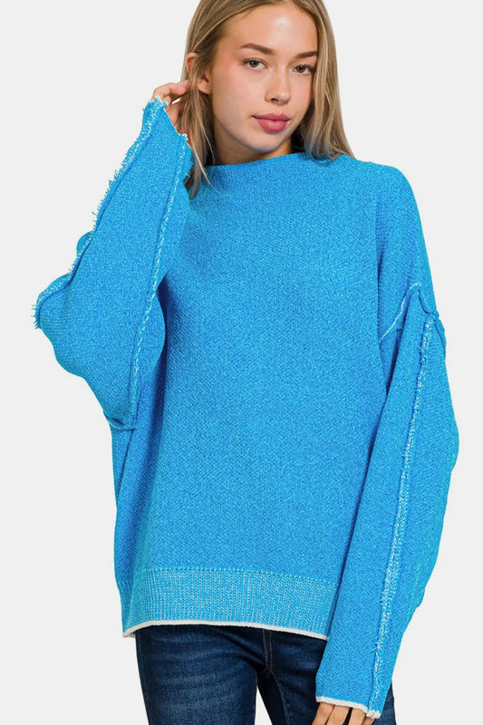 Image of Zenana Exposed Seam Mock Neck Long Sleeve Sweater | Queeble.shop