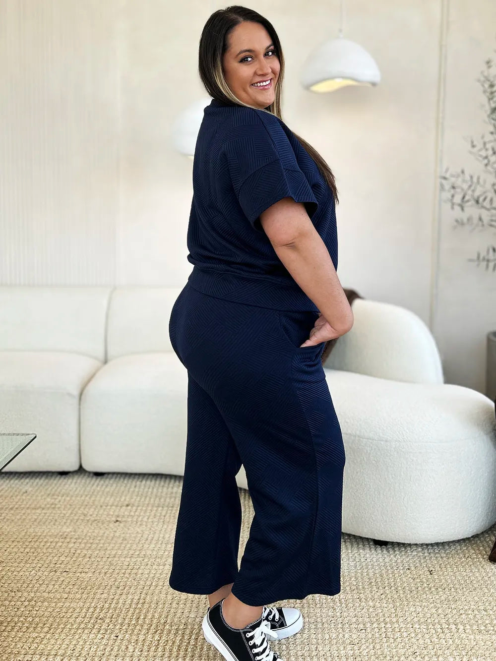 Image of Double Take Full Size Texture Short Sleeve Top and Pants Set | Queeble.shop
