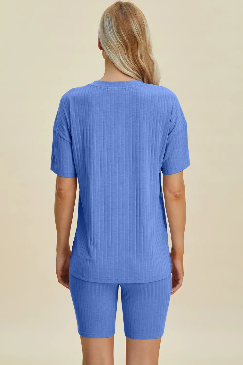Image of Basic Bae Full Size Ribbed V-Neck Short Sleeve Top and Shorts Set | Queeble.shop