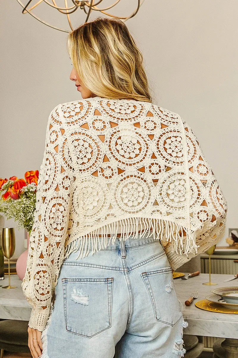 Image of BiBi Dolman Sleeve Fringed Crochet Lace Cover Up | Queeble.shop