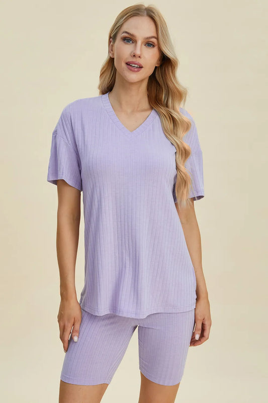 Image of Basic Bae Full Size Ribbed V-Neck Short Sleeve Top and Shorts Set | Queeble.shop