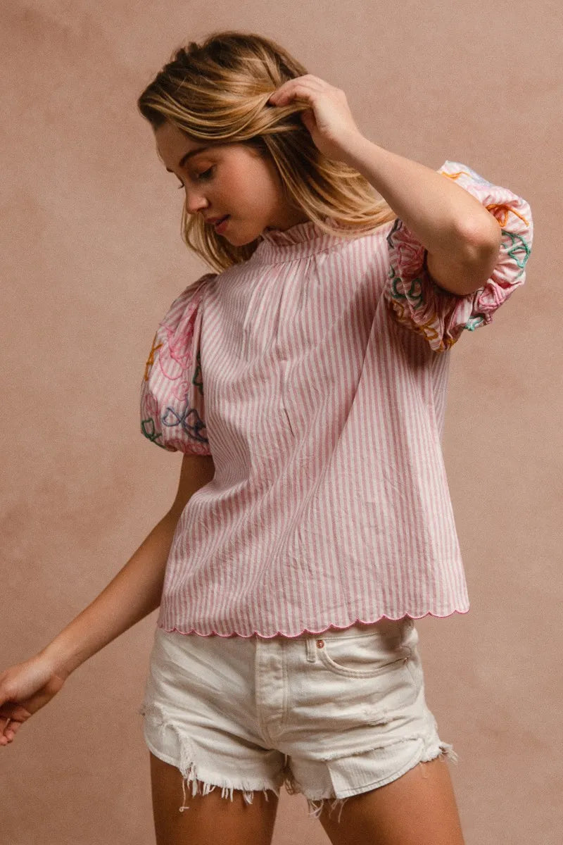 Image of BiBi Embroidery Bubble Sleeve Top With Bottom Scallop Detail | Queeble.shop