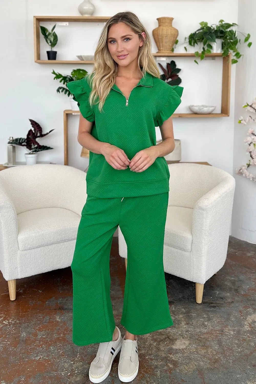 Image of Double Take Texture Ruffle Short Sleeve Top and Drawstring Wide Leg Pants Set | Queeble.shop