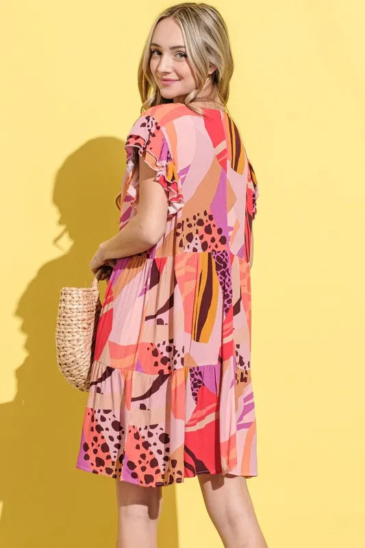 Image of And The Why Printed Double Ruffles Sleeve Dress | Queeble.shop