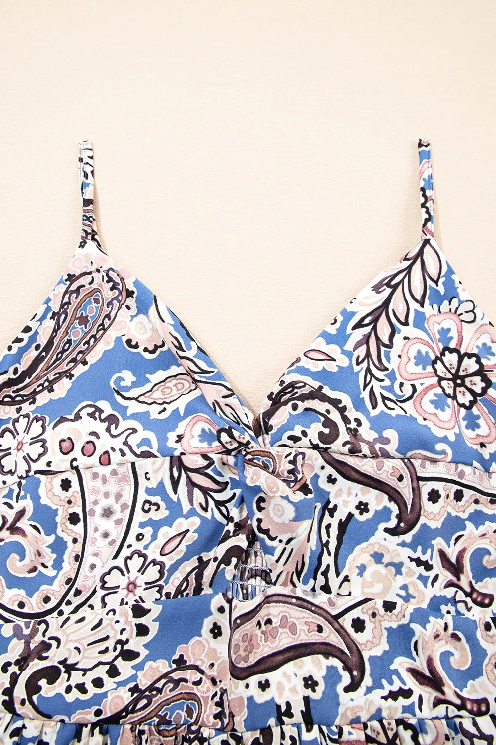 Image of Paisley Print Twist Detail Smocked Back Spaghetti Straps Dress | Queeble.shop