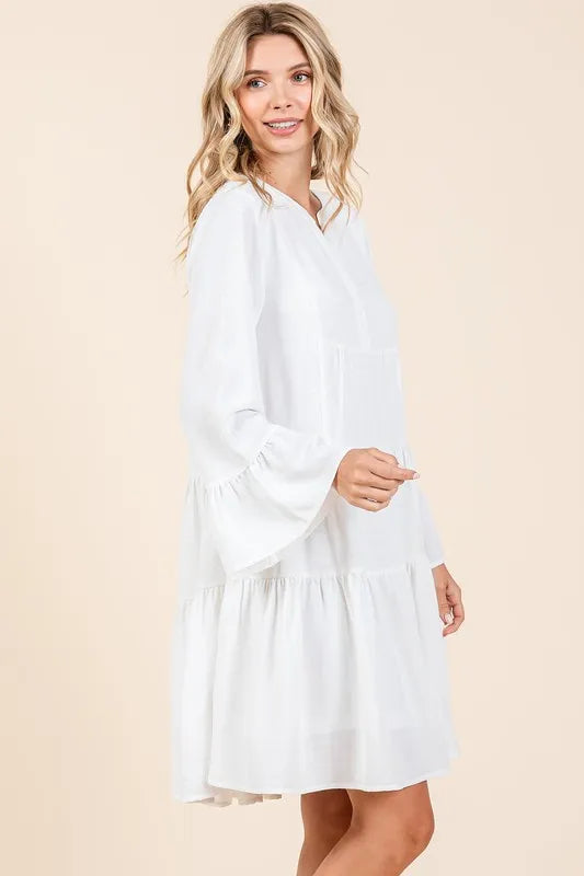Image of Mittoshop Tiered Notched Flare Sleeve Dress | Queeble.shop