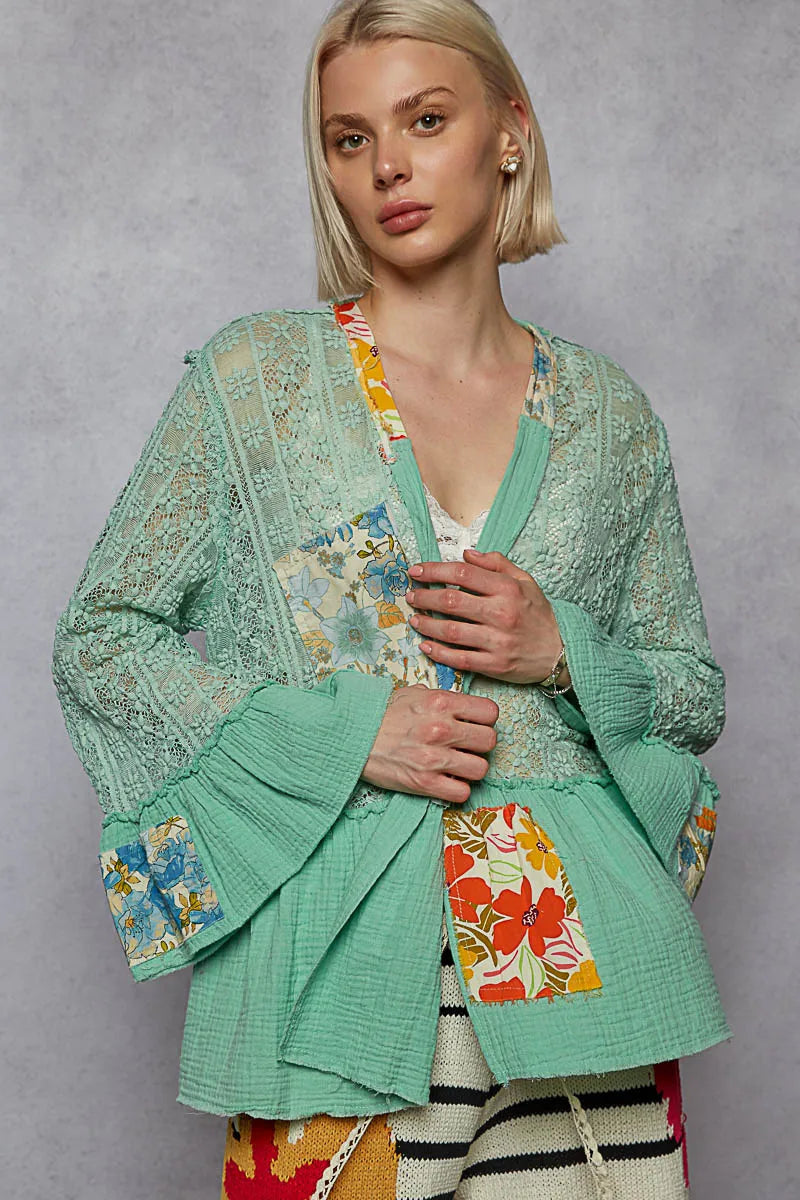 Image of POL Lace Ruffled Hem Open Front Cardigan | Queeble.shop