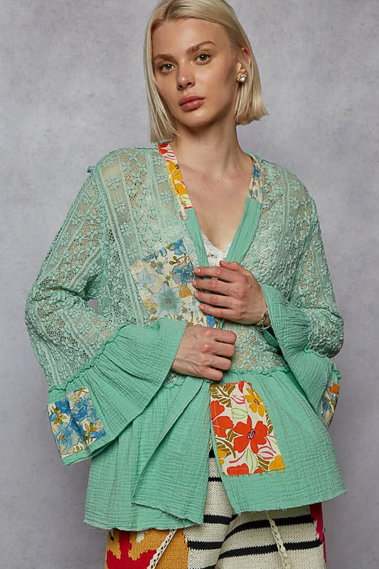 Image of POL Lace Ruffled Hem Open Front Cardigan | Queeble.shop